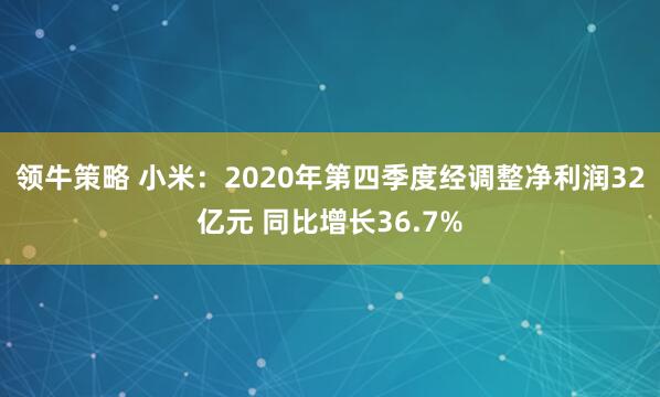 领牛策略 小米：2020年第四季度经调整净利润32亿元 同比增长36.7%